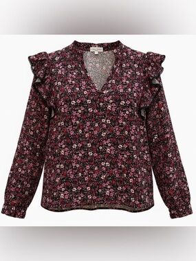 Koko + Mason Floral Ruffle Sleeve Blouse Sheer V-Neck Boho Top Size M